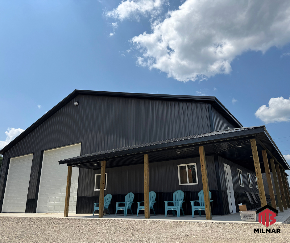 150x60 9000 sq ft Milmar Buildings Post Frame Commercial Warehouse Building Porch Black and Charcoal Valpo IN