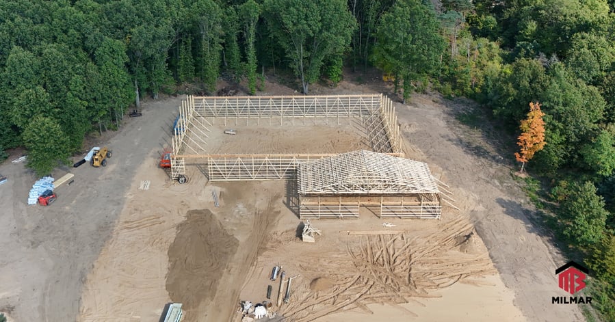 1st Stage Post Frame Commercial Warehouse with Office Space Paw Paw Michigan 15600+ sq ft 94x134 and 42x72 Exterior Under Construction In Progress