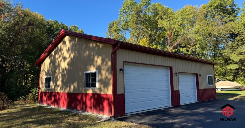 30x40x10 Dark Red Frost and Tan Cass County Michigan Post Frame Building Garage and Storage Pole Barn Front