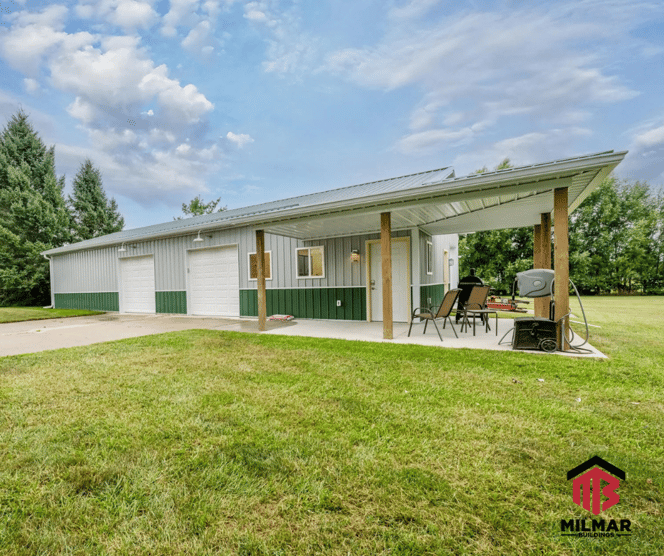 30x60x10 Milmar Buildings Post Frame Garage Shop Pole Barn Side View Green Gray and Bright White Trim