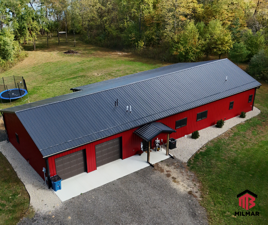 32x84x10 Post Frame Home Barndominium Shell Van Buren County Michigan Pole Building Home Dark Red Black With Porches Patio Area