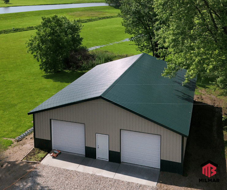 40x50x10 Hartford Green and Stone Greenwood Indiana Pole Barn Garage Post Frame by Milmar Buildings Aerial Front View