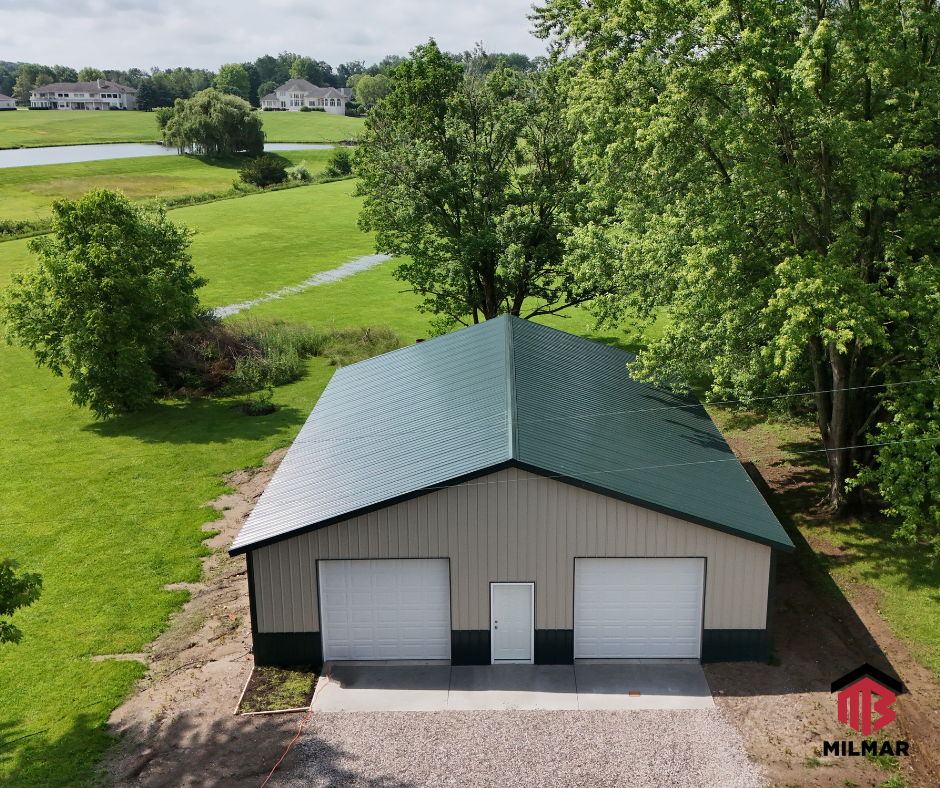 40x50x10 Hartford Green and Stone Greenwood Indiana Pole Barn Garage Post Frame by Milmar Buildings Aerial