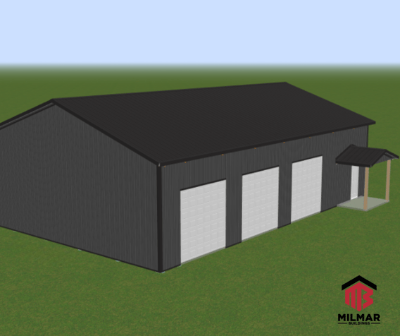 40x60x14 Garage Shop Metal Barn Pole Building Charcoal Black Frost Front Side View 3D Rendering-Drawing Building Plan