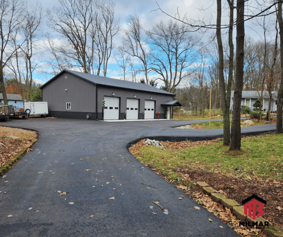 40x60x14 garage shop metal barn Milmar Pole Building Charcoal Black Frost Front and Overview