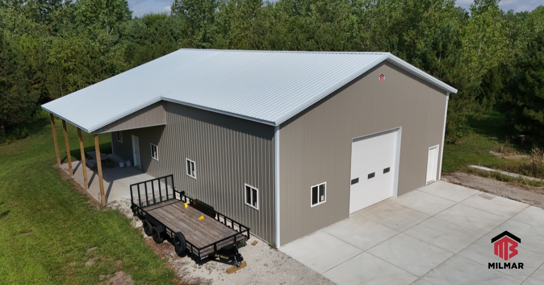 40x60x16 Bright White and Clay Garage with Porch Metal Outbuilding Pole Barn Post Frame by Milmar Buildings Aerial