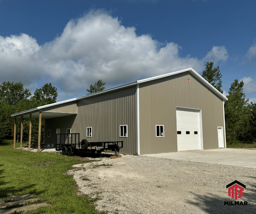 40x60x16 Bright White and Clay Garage with Porch Metal Outbuilding Pole Barn Post Frame by Milmar Buildings Matteson IL