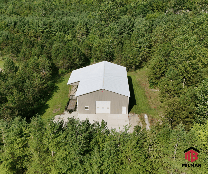 40x60x16 Bright White and Clay Garage with Porch Metal Outbuilding Pole Barn Post Frame by Milmar Buildings