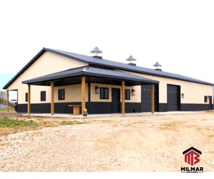 40x80 Shop Garage Metal Building with Porches and Cupolas, Ivory and Black by Post Frame Builder Milmar Buildings