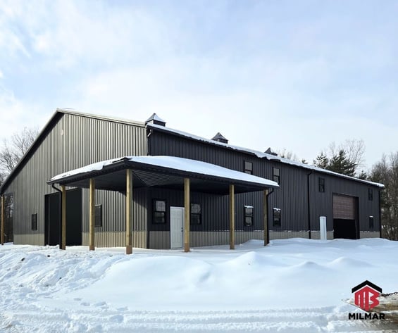 60x100x18.5-Detached-Garage-Outbuilding-Pole-Barn-in-Black-Clay-Frost-Texture-Steel-Siding-Building-with-Porches-and-Cupolas-Oakland-County-Michigan-Atkinson