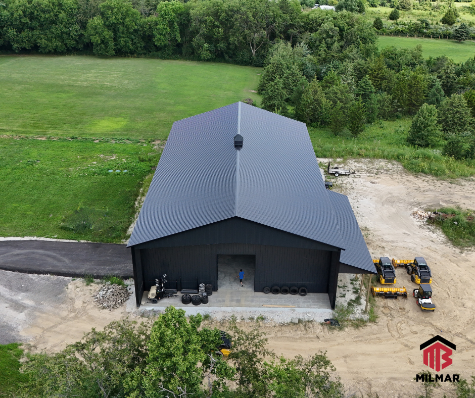 60x100x20 Commercial Warehouse Post Frame Pole Barn Garage Storage by Milmar Buildings Shiny Black and Black With Lean To Porches