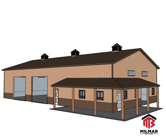 72x40 Pole Barn Garage Shop 3D Rendering Building Plans Design Side And Front View With Porch by Post Frame Builder Milmar Buildings