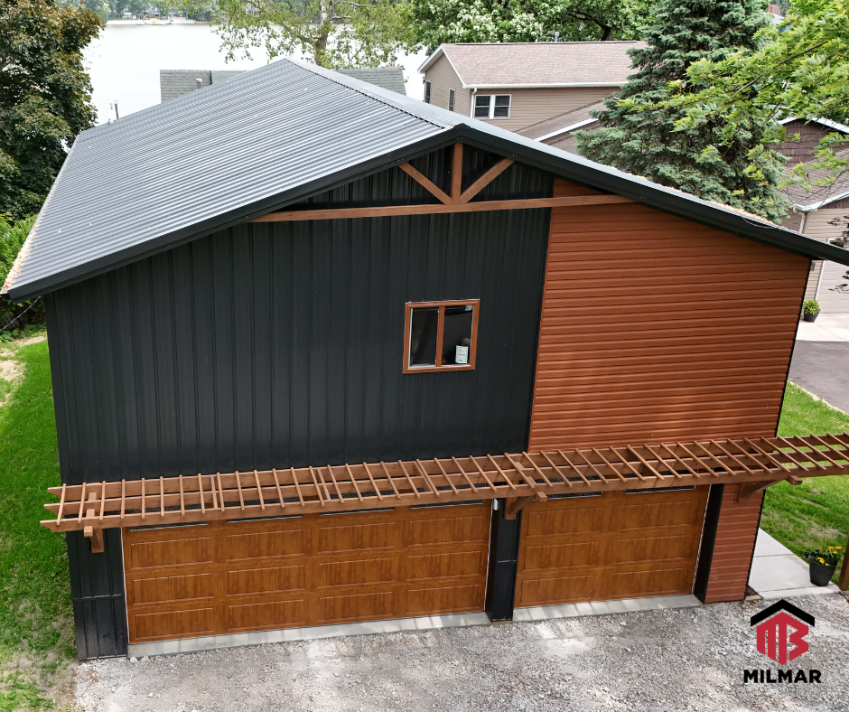 Aerial View Black Metal w-Cedar Siding Garage Pole Barn Build 30x40x16 Lowell IN