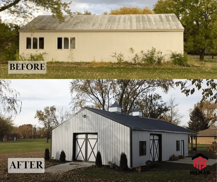 Before After Black and White Milmar Buildings Pole Barn Reno