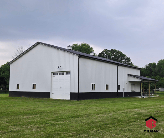 Black Ash Gray Sportsplex Post Frame Pole Barn 50x64x18 with Porch and Cupolas Indiana