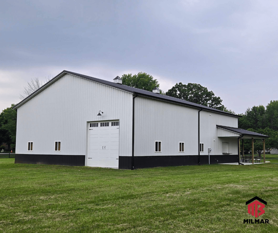 Black Ash Gray Sportsplex Post Frame Pole Barn 50x64x18 with Porch and Cupolas Indiana