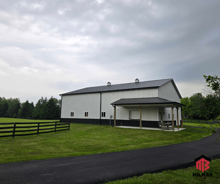 Black Ash Gray Sportsplex Post Frame Pole Barn 50x64x18 with Porch and Cupolas Zionsville Indiana