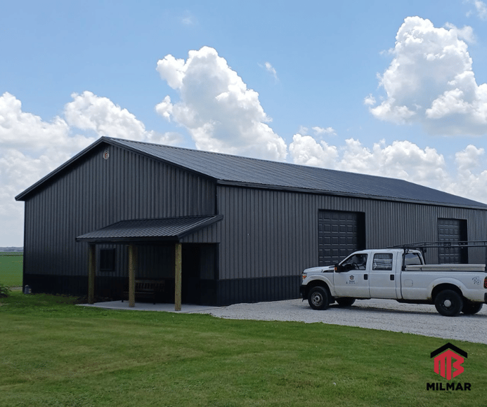Black and Charcoal 40x80x14 Kankakee County Illinois Milmar Post Frame Shop Build with Two Garage Doors and Porch