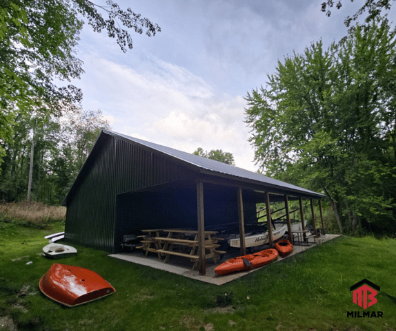 Boathouse Evergreen Charcoal Lean-to Porch Custer MI Mason County Post Frame Pole Barn 30x48x10 or 48x50x10 w-Attic and Porch Front View