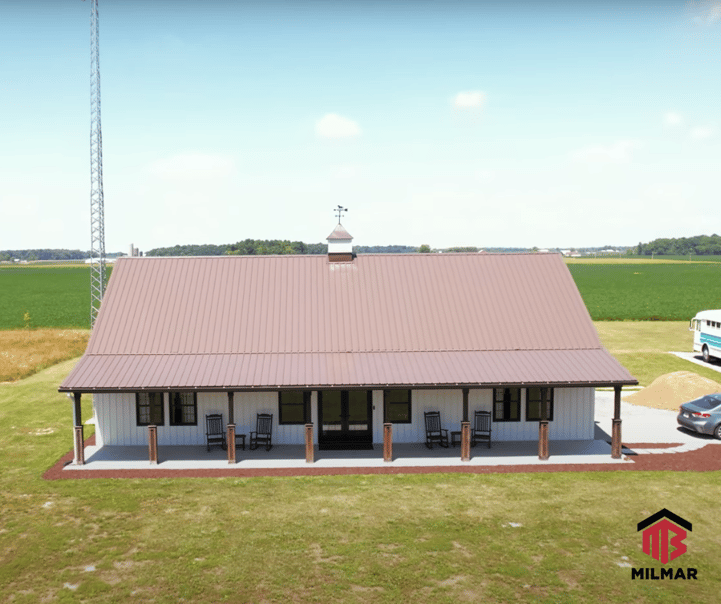 Burnished Slate and White Pole Barn Home Barndominium Front Porch Aerial Ohio