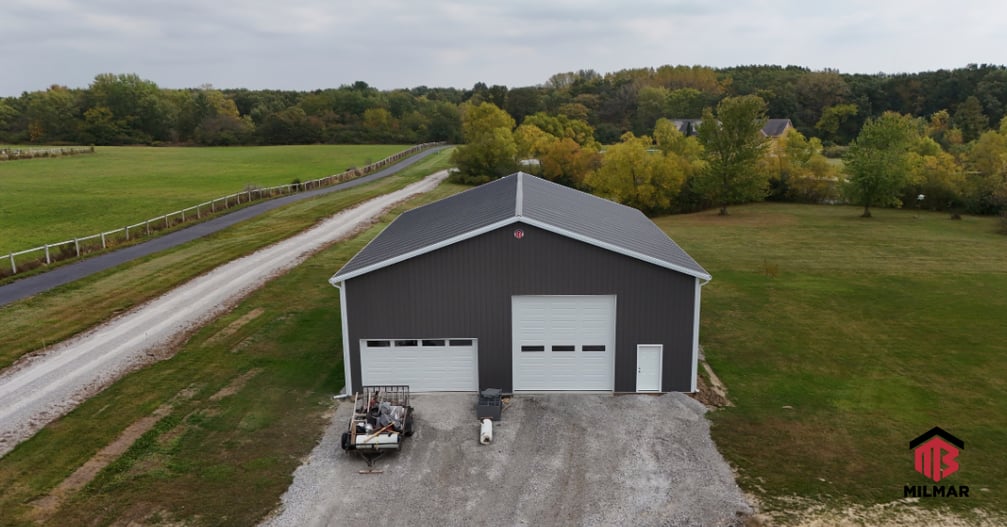 Charcoal Black White Trim Lowell Lake County Indiana 48x64x16 Post Frame Pole Barn Garage Building Shop Milmar Buildings