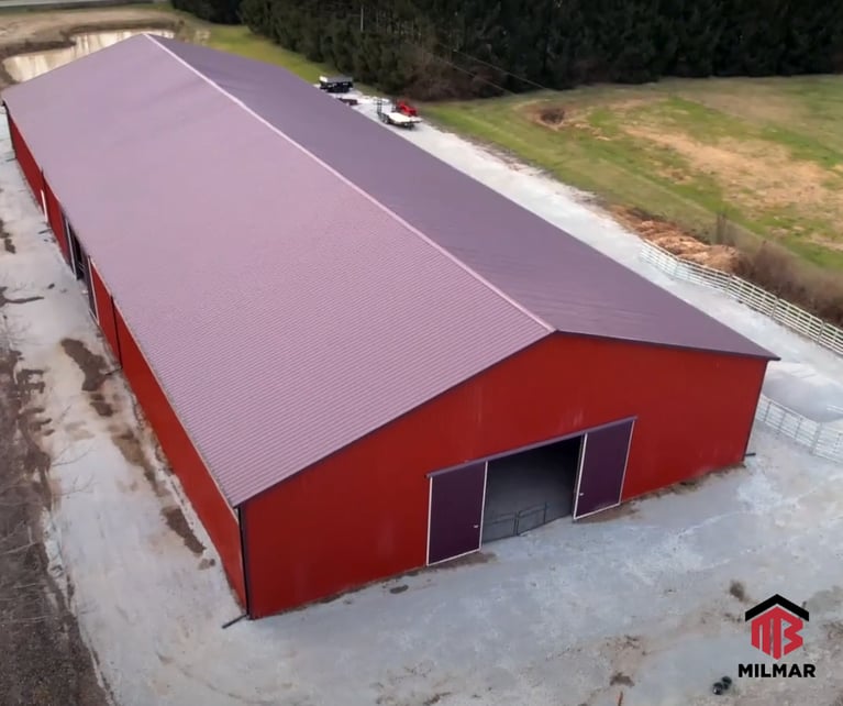 Dyer IN Horse Barn Red and Burgundy Metal Building Riding Arena Pole Barn Post Frame 80x202x18 Stables Proud