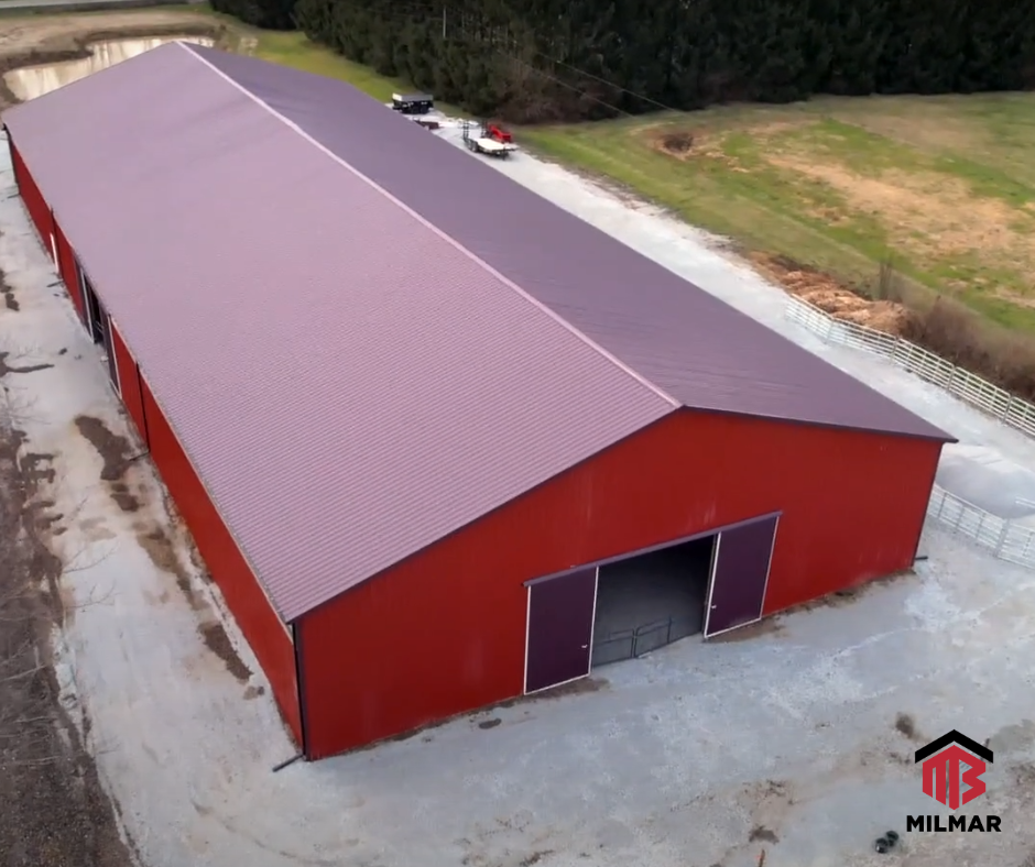 Dyer IN Horse Barn Red and Burgundy Metal Building Riding Arena Pole Barn Post Frame 80x202x18 Stables Proud