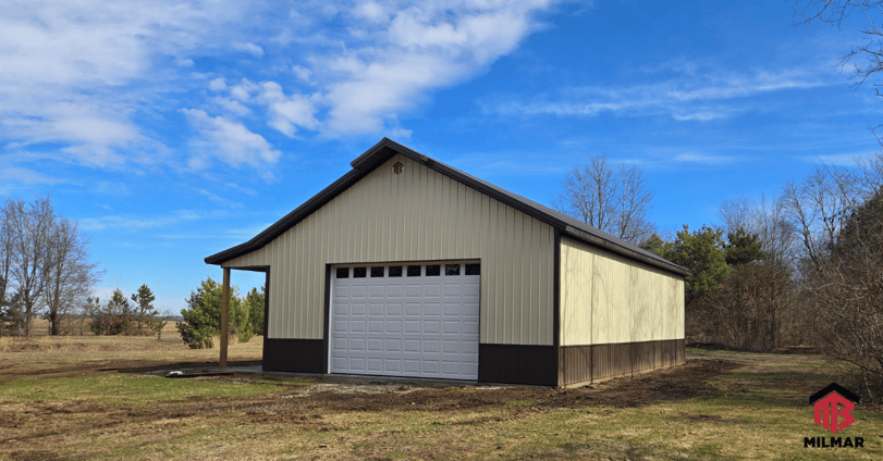 FB Ivory and Burnished Slate 30x48x12 Garage Pole Barn Demotte Indiana
