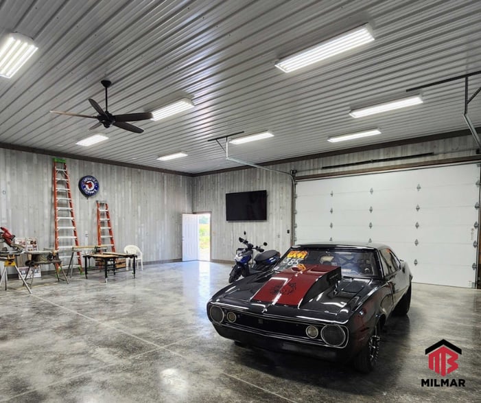Garage Workshop Interior Concrete and Lighting Liner Metal Ceiling Car Collector Bike
