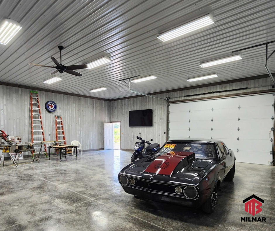 Garage Workshop Interior Concrete and Lighting Liner Metal Ceiling Car Collector Bike Garage Workshop Interior Concrete and Lighting Liner Metal Ceiling Car Collector Bike