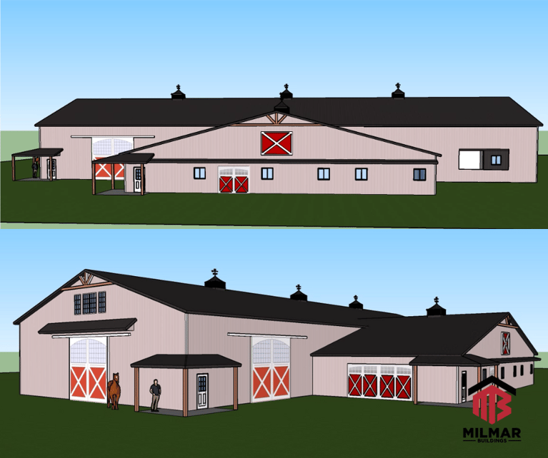 Horse Barn Equestrian Facility Arena Stables Detail Front Views 3D Design Plans by Builder Milmar Buildings 35x80x10 stable area 60x160x18 riding arena