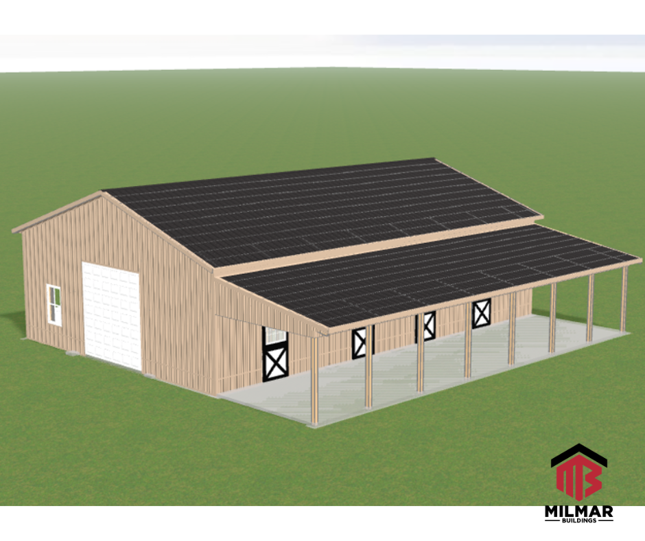 Horse Barn Equestrian Facility Pole Barn and Stables by Post Frame Builder Milmar Buildings Front View 40x60x14