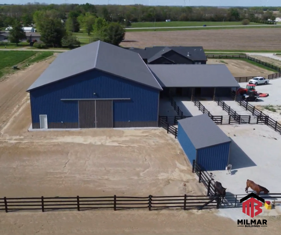 Horse Barn Stables 36x56  and 120x60 Riding Arena for Equestrian Facility by Milmar Buildings Loafing Sheds