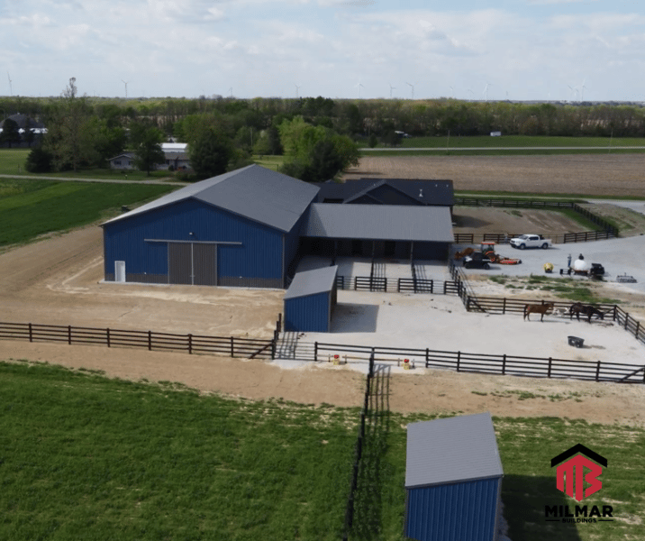 Horse Barn Stables 36x56 and 120x60 Riding Arena for Equestrian Facility by Milmar Buildings Gallery Blue Charcoal