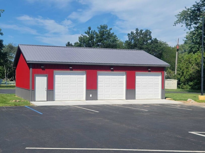 Gray and Red Pole Barn Garage