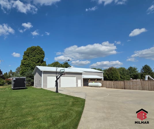 LI Twitter Pewter and Bright White Steel Metal Building Post Frame Garage Addition Add-on Kalamazoo MI 32x40x16 with Porch