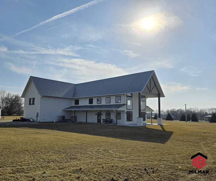 LITwitter Barndominium Pole Barn Home Post Frame With Porch and Charcoal and White Cottage Panel Board and Batten Frost Textured Metal Panels Fortville IN