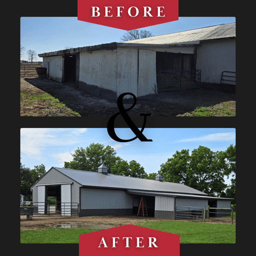 Midwest Horse Barn Renovation Rebuild Reskin and Re-roofing Metal Building Post Frame Pole Barn Builder Milmar Buildings Before After Back View