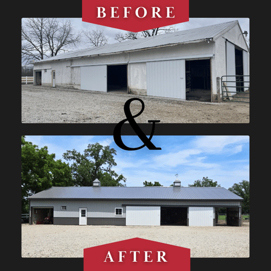 Midwest Horse Barn Renovation Rebuild Reskin and Re-roofing Metal Building Post Frame Pole Barn Builder Milmar Buildings Before After Front View