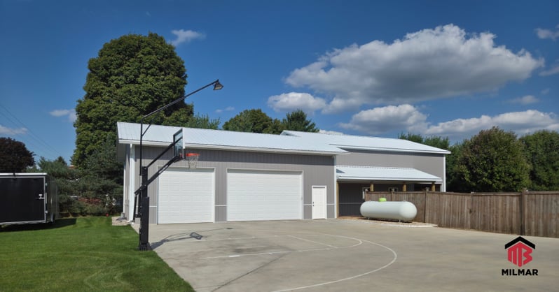Pewter and Bright White Steel Metal Building Post Frame Garage Addition Add-on Kalamazoo MI 32x40x16 with Porch