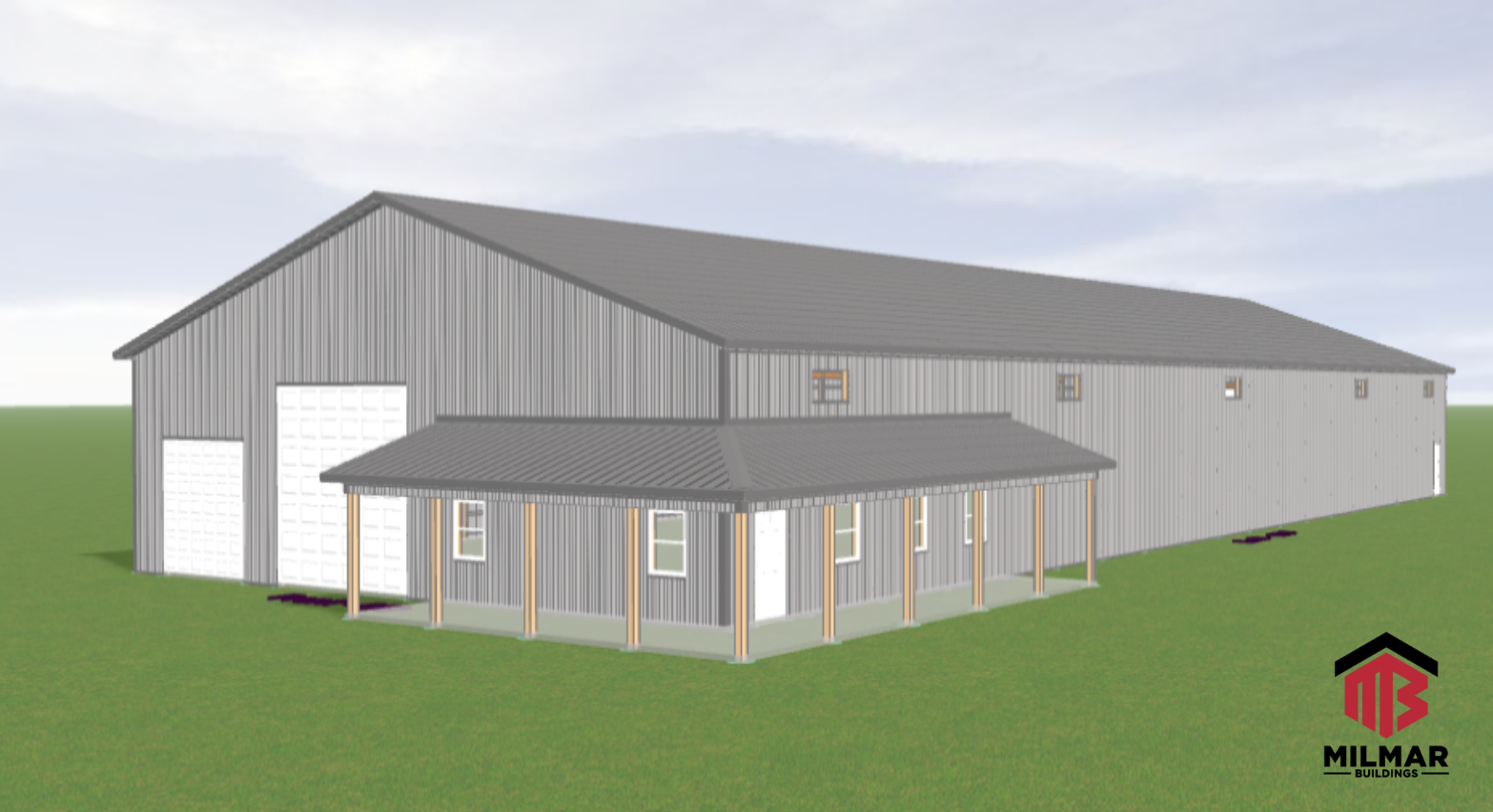 150x60 Milmar Buildings Post Frame Commercial Warehouse Building Plans 3D Renderings Design Side Front View