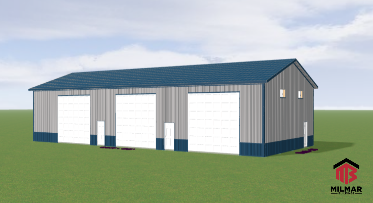 36x80x16 Warehouse Garage Commericial Post Frame Plans by Milmar Buildings 3D Rendering Design