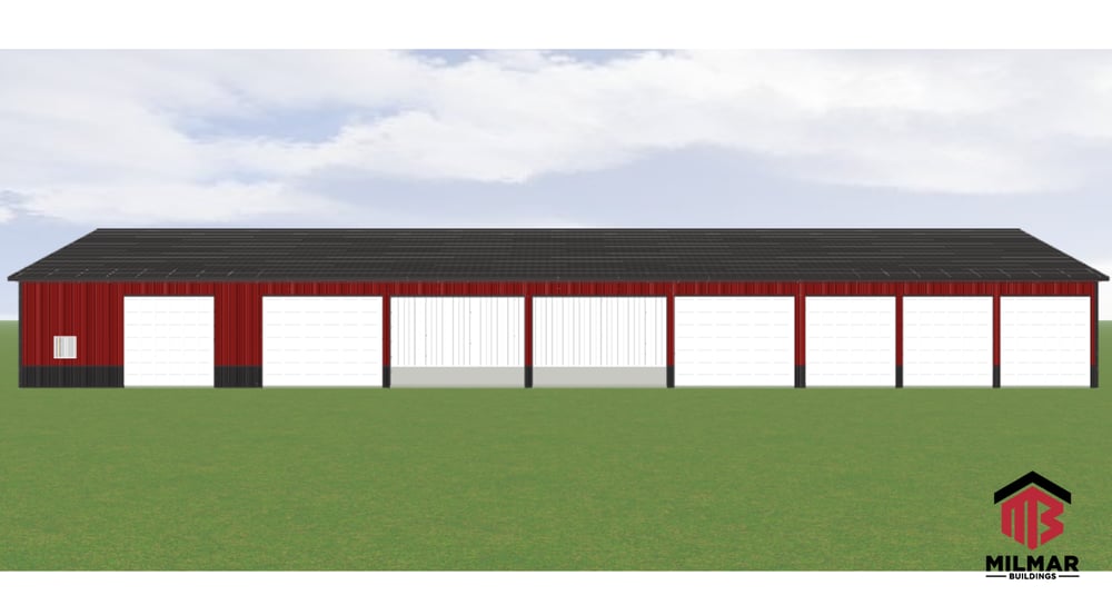 50x144 Warehouse Garage Commericial Vehicle Build by Post Frame Construction Milmar Buildings Front View
