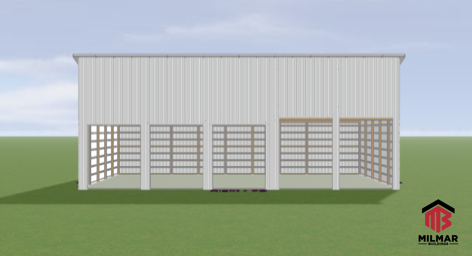 50x72x16 Monoslope Single Slope Roof Post Frame Commercial Storage Garage Building by Milmar 3D Rendering Design Building Plans Front View