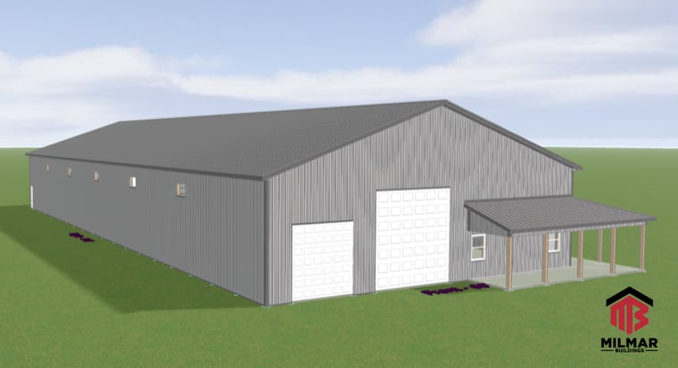 Front Side View 150x60 Milmar Buildings Post Frame Commercial Warehouse Building Plans 3D Renderings Design