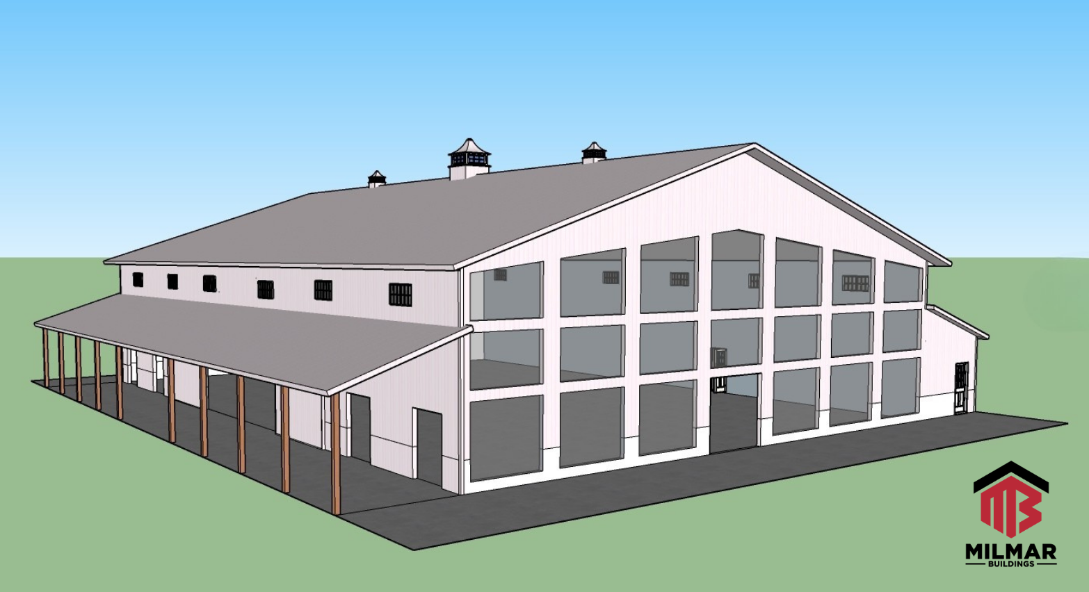 Side Front View Wedding Event Barn Post Frame Commercial Build Plans by Milmar Buildings 3D Design