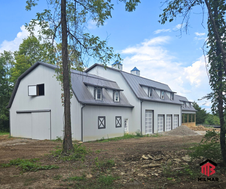 Post Frame Gambrel Pole Barn Ohio Bone White and Charcoal 138x44 Sections 32x40 50x40 56x44 Features Carriage Style Garage Doors Dutch Silvercraft Doors Windows Dormers Porch Deck Cupolas