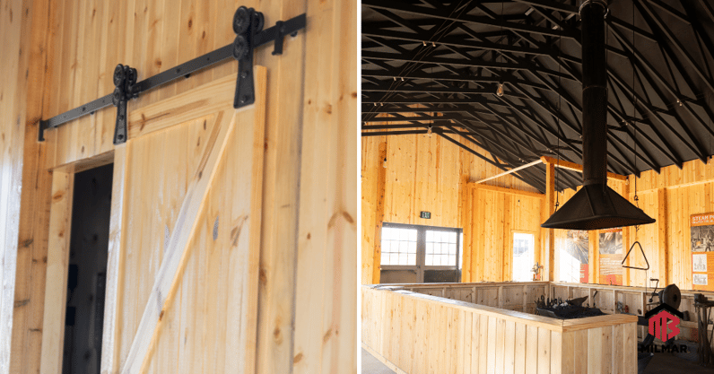 Post Frame Interior La Porte IN 38x36x12 Pole Barn Building Hardie Board Dutch Doors, Eyebrows, Pine Interior, Cedar Accents, Lean-To Porches, Stamped Concrete Black Metal Roof Blacksmith Shop