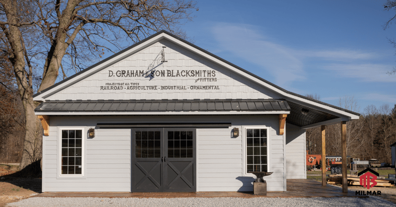 Post Frame LaPorte County IN 38x36x12 Pole Barn Building Hardie Board Dutch Doors, Eyebrows, Pine Interior, Cedar Accents, Lean-To Porches, Stamped Concrete Black Metal Roof Blacksmith Shop