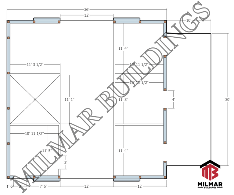 Post Frame Pole Barn Small Horse Animal Barn 36x36x10 With Stalls and Lean-to Floor Plans (2)